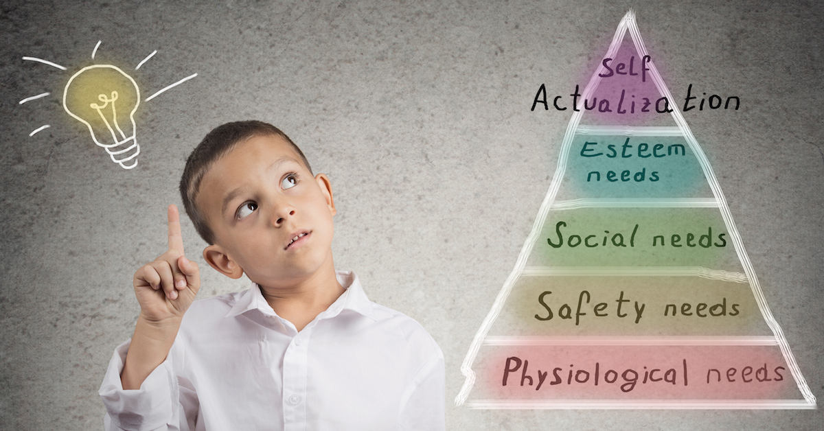 Boy on a backgound of Maslow's Hierarchy Of Needs – Self-Actualization